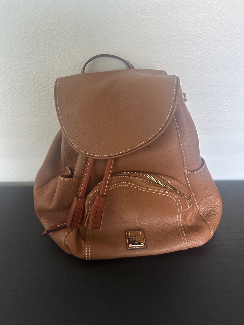 Dooney & Bourke Cognac Pebble Leather Drawstring Backpack